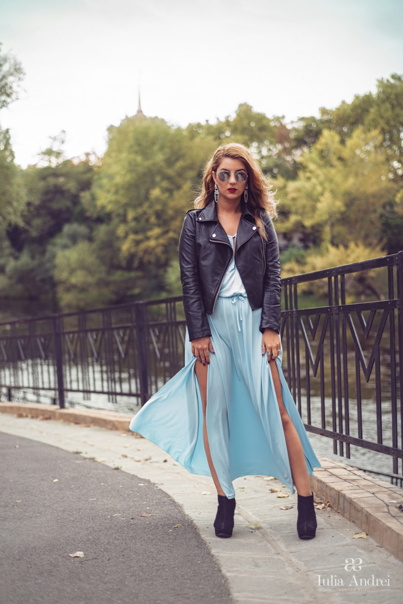 Combinatii inedite, rochia maxi si geaca din piele Iulia Andrei Fashion Blog